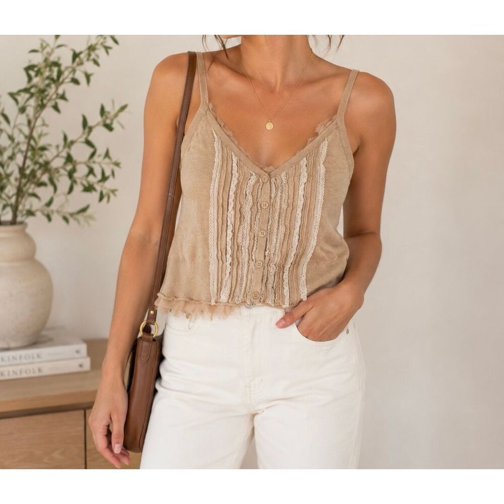 Anthropologie Cashmere Blend Lace Trim Knit Cami Tank Top Medium Boho